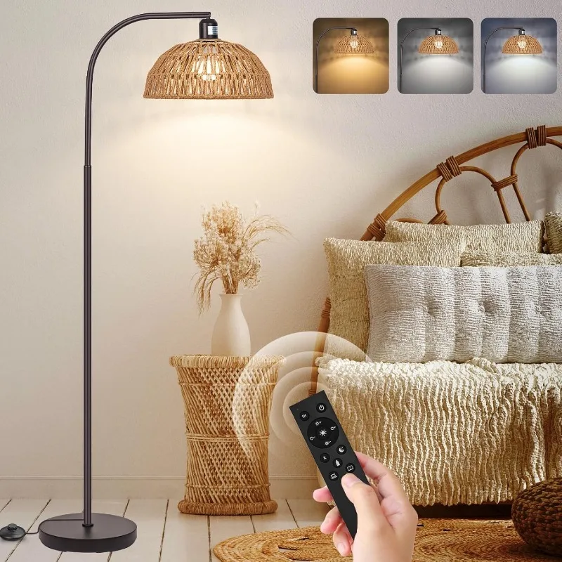 

Boho Floor Lamp with Remote- Bronze Floor Lamps with Stepless Dimmable Bulb, Remote Control, Hand-Worked Adjustable Rattan