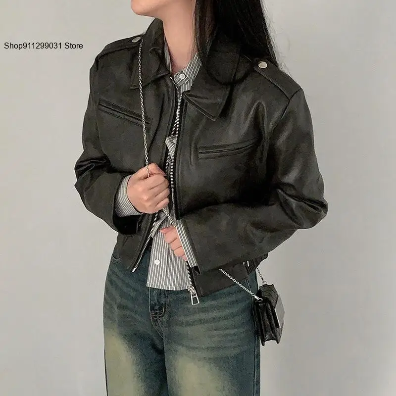 Zipper Loose Lapel Fashion American Leather Jacket Spice Girl Street Motorcycle Style Casual Top