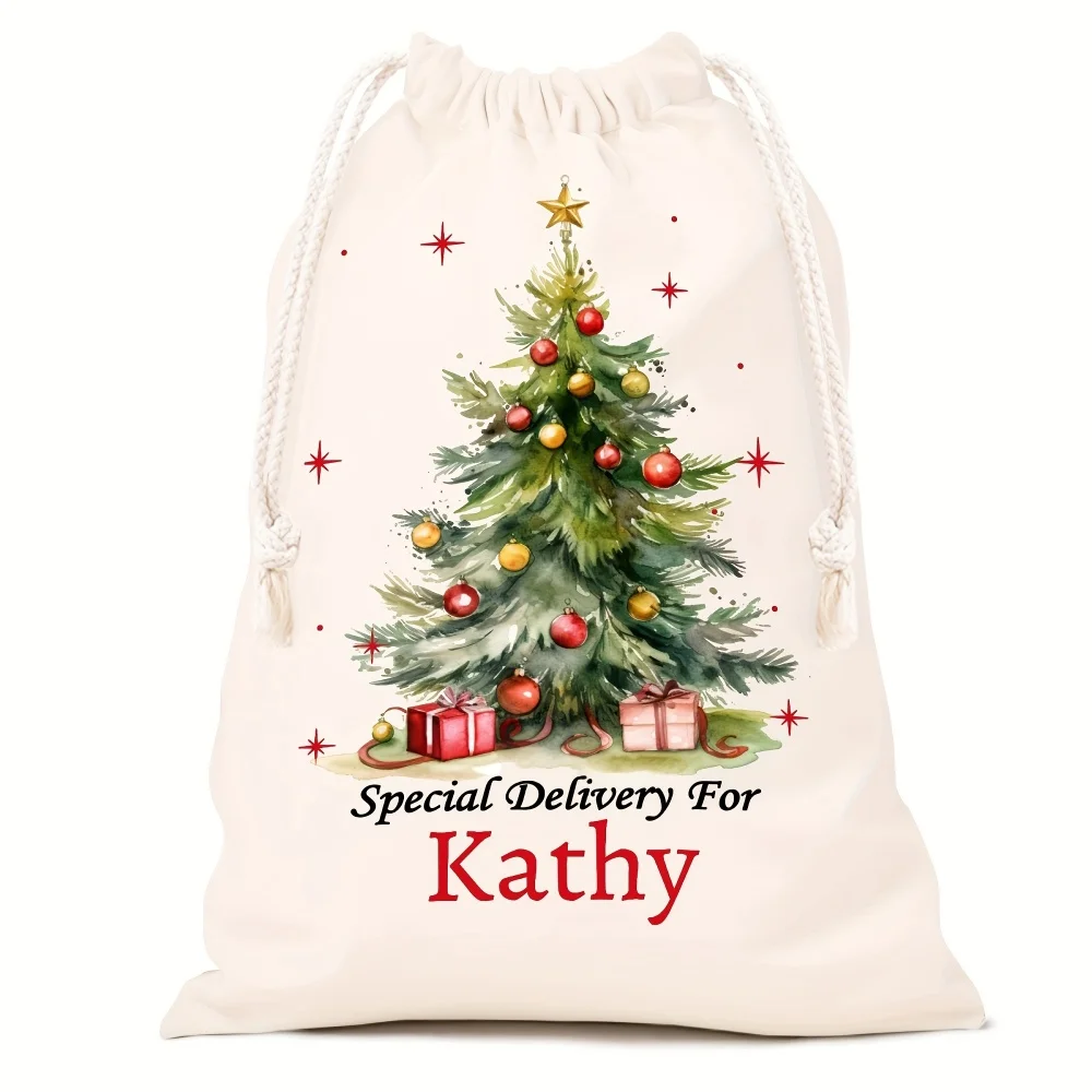 1Pc Customized Name/Text Christmas Tree Imitation Hemp Gift Bag, Drawstring Closure Storage Bag,Party Candy Bags, Christmas Gift