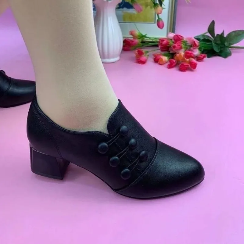 Female 2026 New Style Spring-autumn Thick-soled Short Boots with Pointed Toes, Single Shoes, Mid-heel, Deep Toe, Leather Shoes