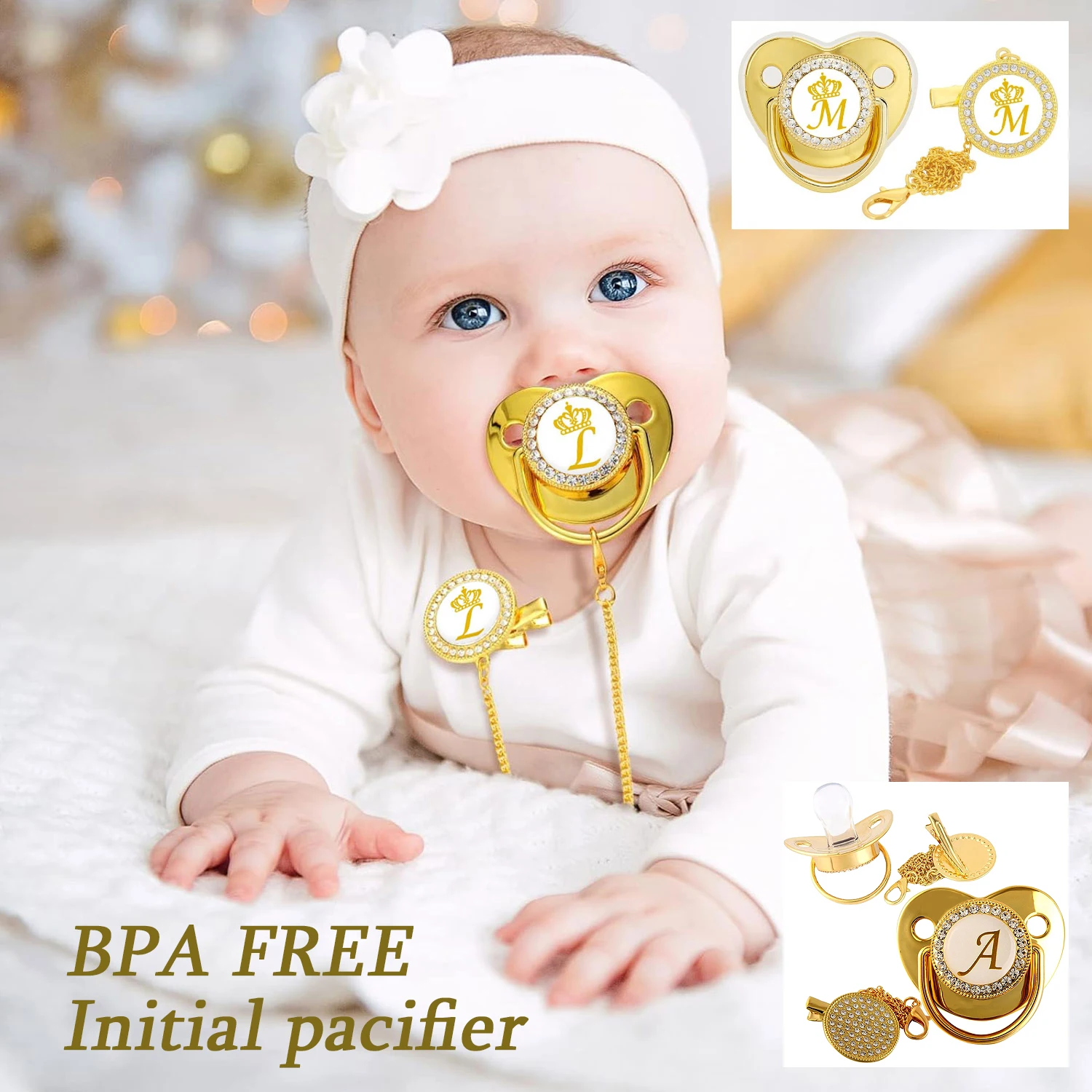 0-3-year-old baby pacifier, luxurious diamond dots, 26 crown initials optional, soft silicone pacifier for comfort, BPA free