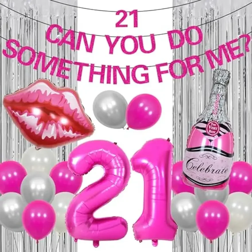 

21 Can You Do Something for Me Decorations Hot Pink 21st Birthday Party Banner Champagne Red Lips Foil Balloons Funny Supplies