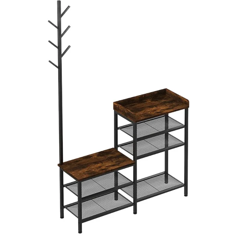 Four-in-one coat rack, simple clothes, shoes, finishing rack, steel and wood structure, foyer tree