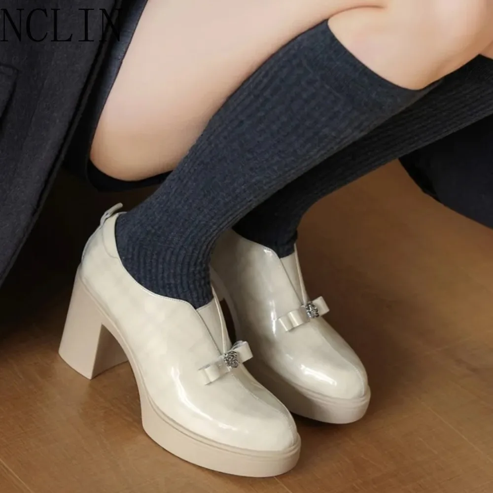 2026 Retro Plaid Metal - Buckle Thick - Sole High - Heeled Shoes Women Beige & Brown Plaid Leather Commute Casual