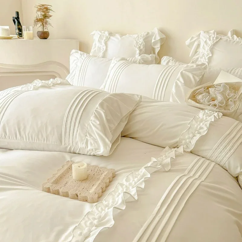 Princess Style Washed Cotton Bedding Set with Pillowcase Single Double Bed Linen Purple Duvet Cover Cream Style Four Piece Set
