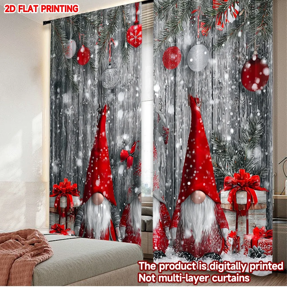 2D-Flachdruck, 2 Stück, frohe Weihnachten, trendige Vorhänge, Weihnachtszwerge und Geschenke, digital bedruckte Polyester-Vorhänge, festlich