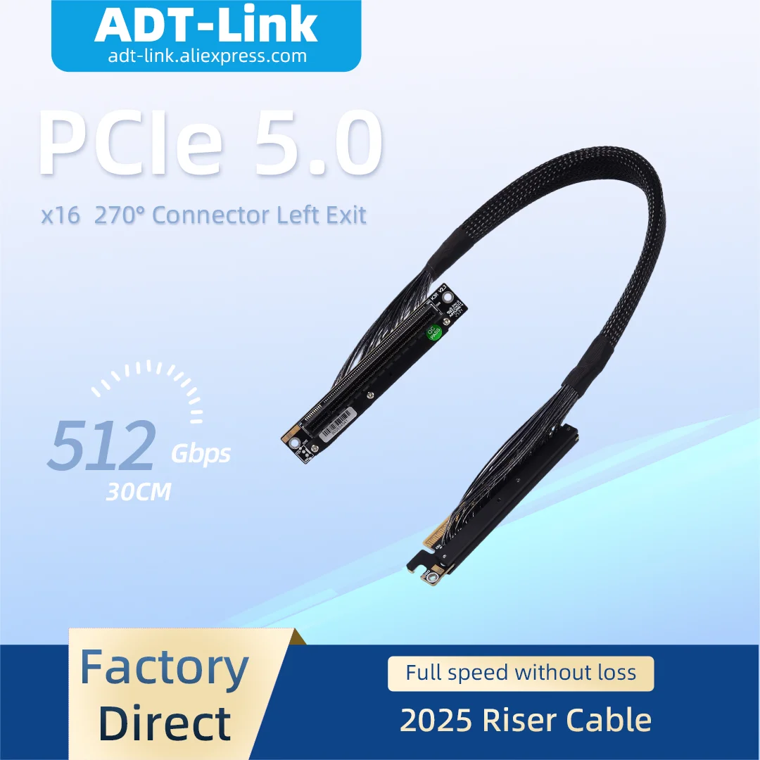 ADT-Link K33UR-TL PCI-E 5.0 x16 Dual Reverse Side Bending Graphics Card Riser Cable for Chassis Server NVIDIA RTX50 AMD RX90xx