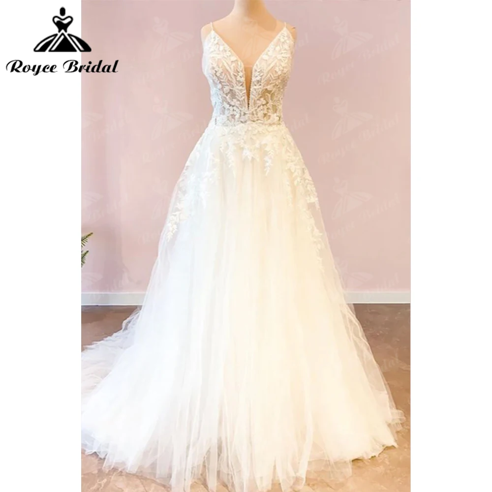 

Beach A-Line Sweetheart Spaghetti Straps Tulle Wedding Dress Button Sweep Brush Train Sleeveless Floor-length Lace Appliques