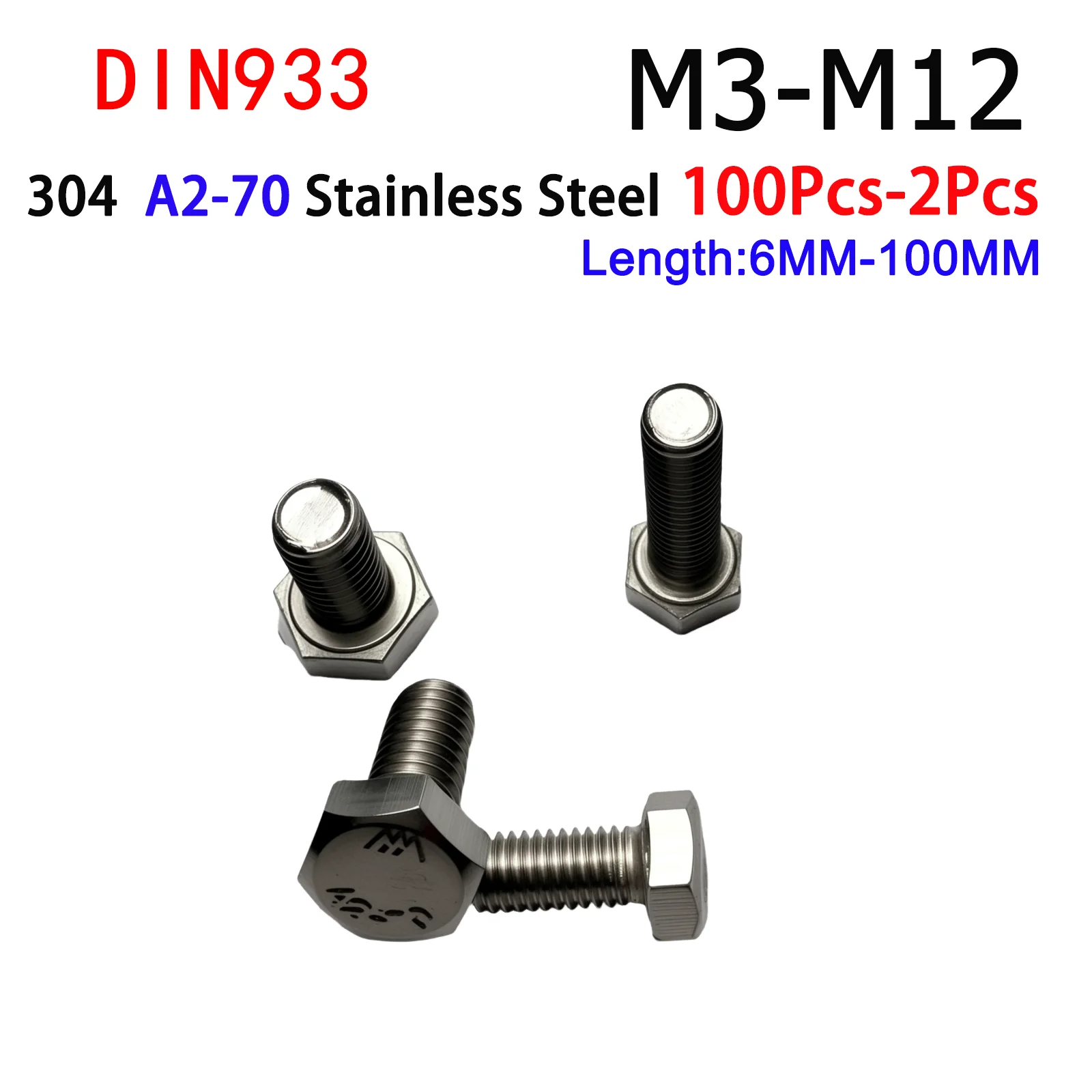 

2-100Pcs 304 A2-70 Stainless Steel Hexagon Head Bolt M3 M4 M5 M6 M8 M10 M12 Full Thread External Hex Hexagon Head Screws DIN933