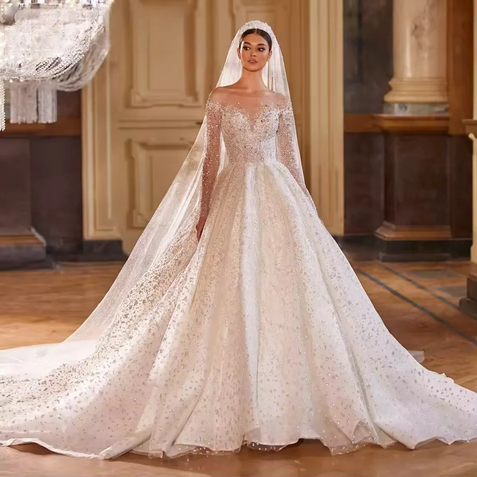 

Luxury Wedding Dresses A-line Long Sleeves Beaded Muslim Dubai Saudi Arabia Israel Bridal Gowns Vestido De Novia Customized