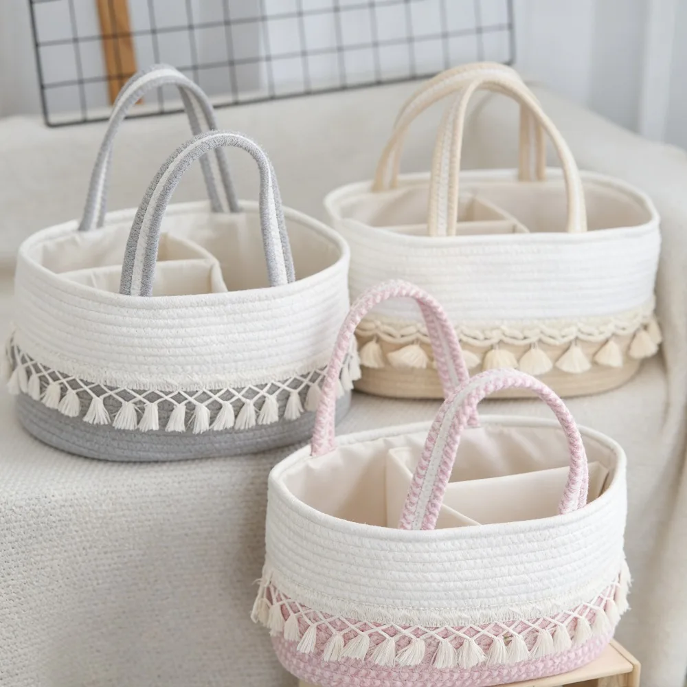 

Корзина для хранения детских подгузников ручной работы с кисточками, съемная разделенная портативная корзина-органайзер для игрушек