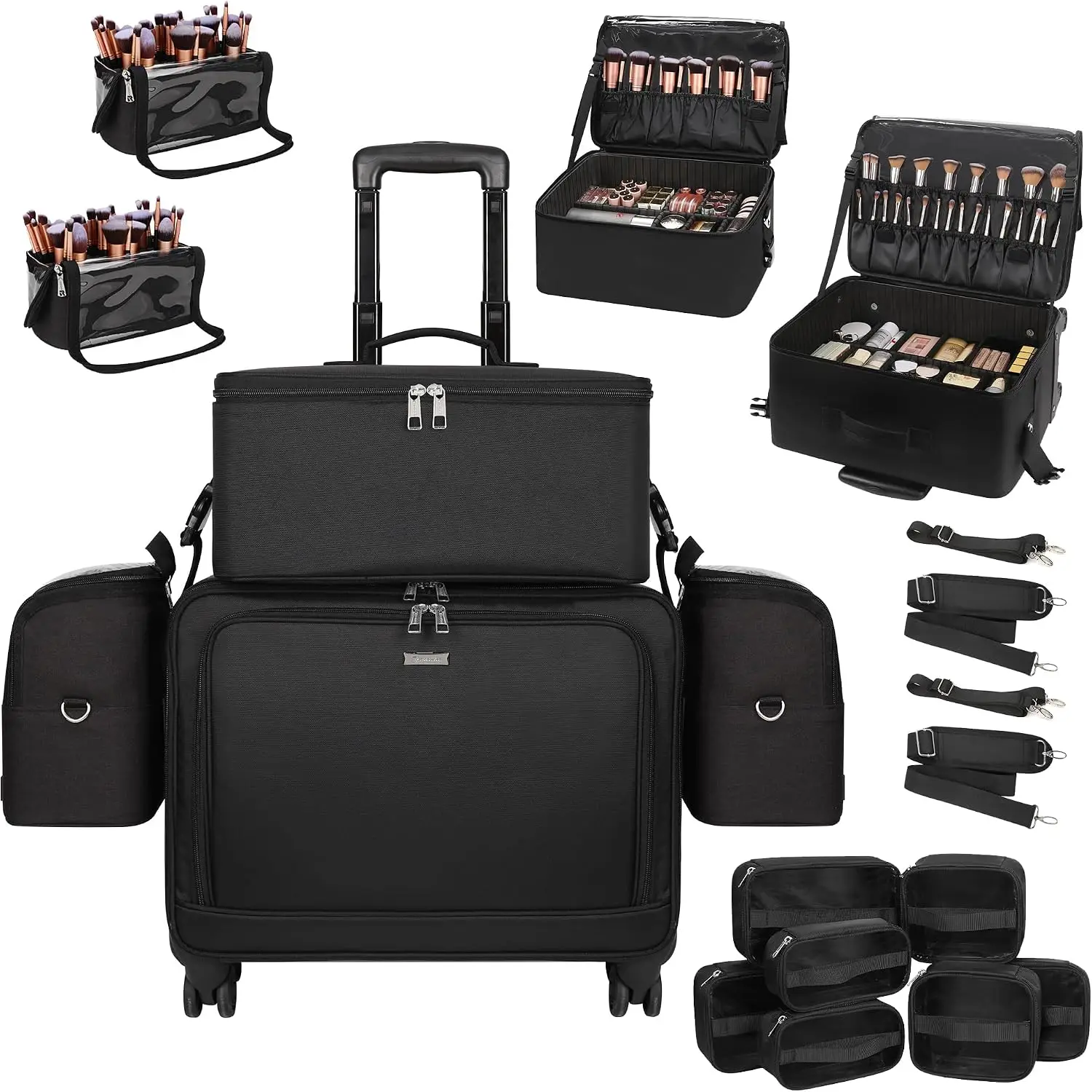 Professional Rolling Cosmetic Train Case Travel Makeup Artists Bag 7 Pouches