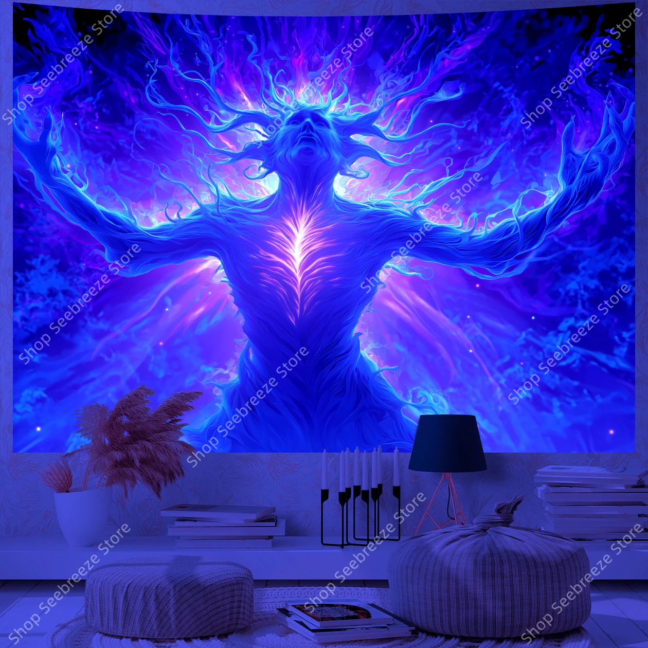 Ethereal Glowing Humanoid UV Tapestry Mystical Purple Blue Energy Wall Art Bohemian Office Decor for Fantasy Bedroom Living Room