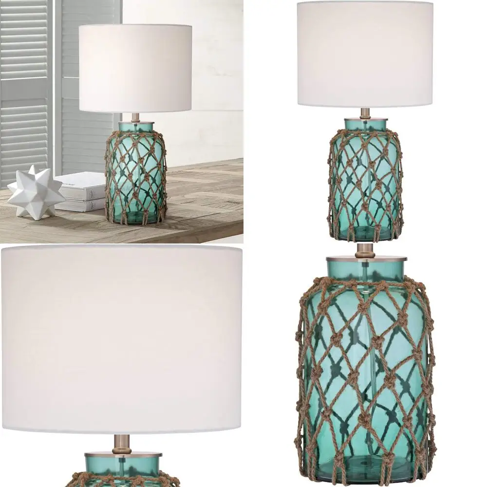 مصباح طاولة شبكي بحبل زجاجي أزرق وأخضر ساحلي مع غطاء طبل أبيض فاتح، ارتفاع 22.5، نمط كوخ ريفي