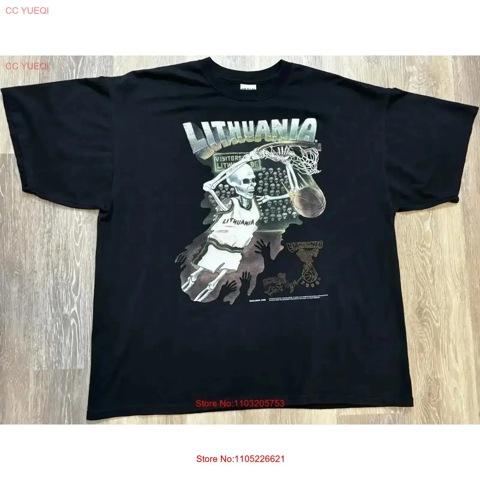 Vintage Lituania baloncesto Skullman camiseta XL Slam Dunkin esqueleto 2008 lavado versátil suave estirado homme Casual Unisex