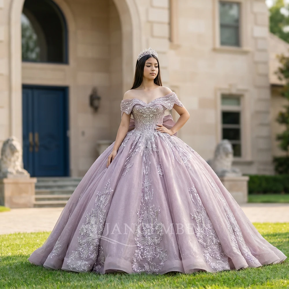 

Ball Gown Quinceanera Dresses With Bow Vestidos De 15 Anos XV Lace Court Train Formal Princess Birthday Party Customized