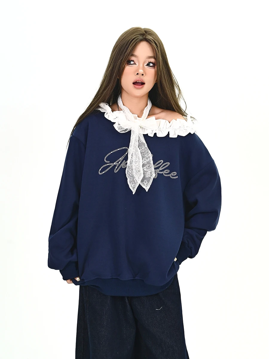 

Свободный свитшот с кружевной отделкой и открытыми плечами, женский повседневный уличный топ с длинными рукавами и круглым вырезом, удобный свободный крой