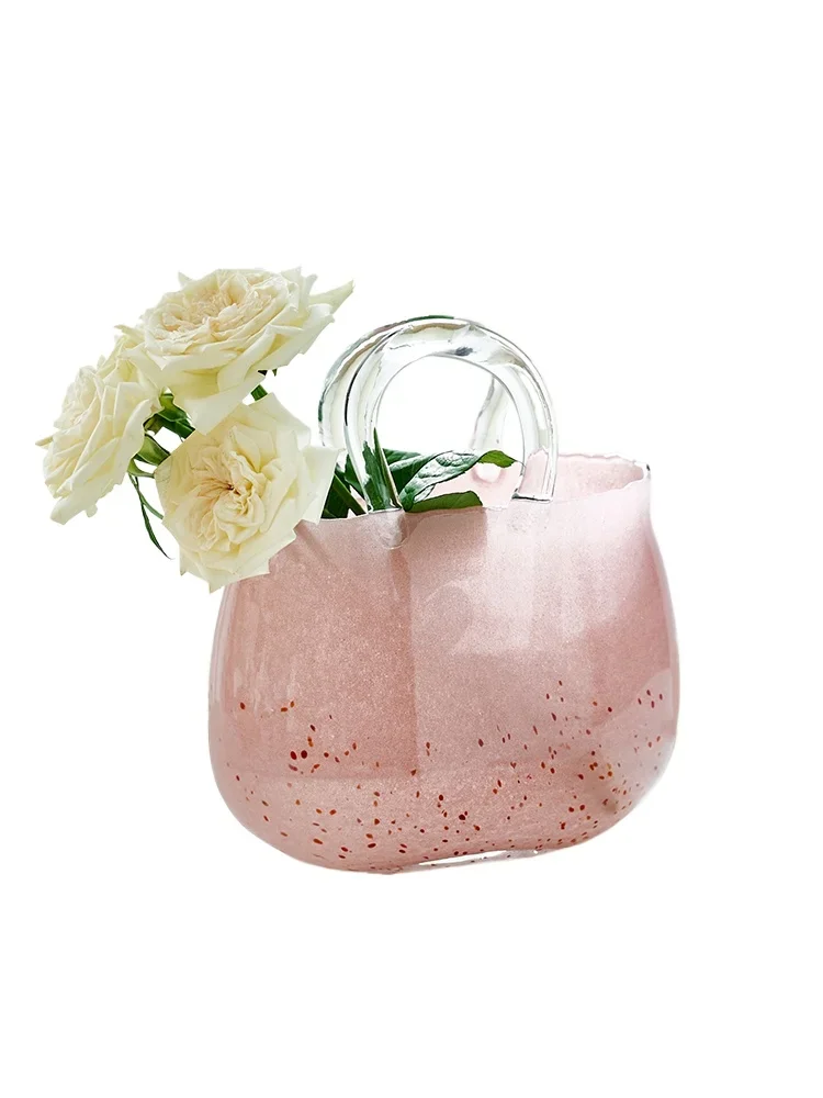 Pink polka dot portable glass vase living room creative hydroponic water raising flowers transparent bag vase