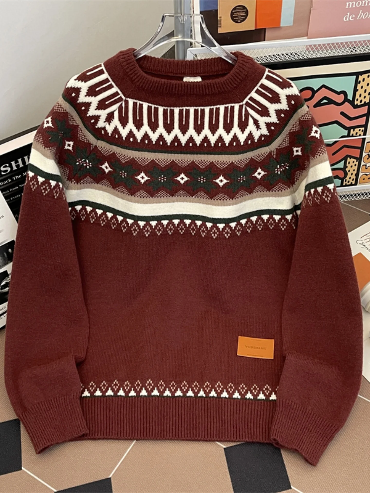 

Red Fair Isle Knitwear 2025 New Loose Fit Overhead round Ne Cisas Sle Men's Soft Comfortable Lazy Sweater Casual Wear