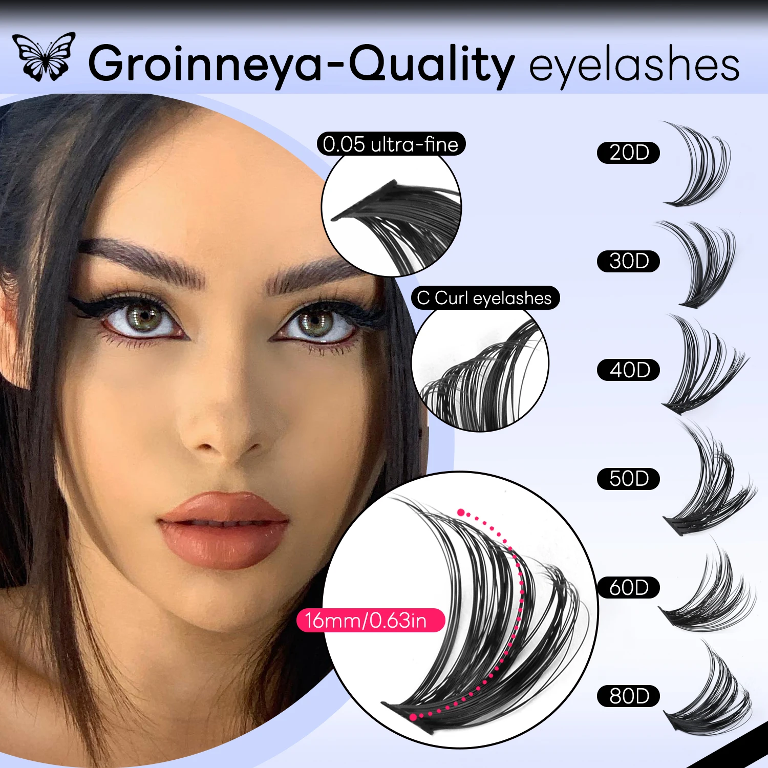 Zestaw do przedłużania rzęs GROINNEYA, rzęsy w kępkach, wodoodporne, mocne, do samodzielnego przedłużania, klej i utrwalacz do rzęs, pęseta do rzęs, makijaż