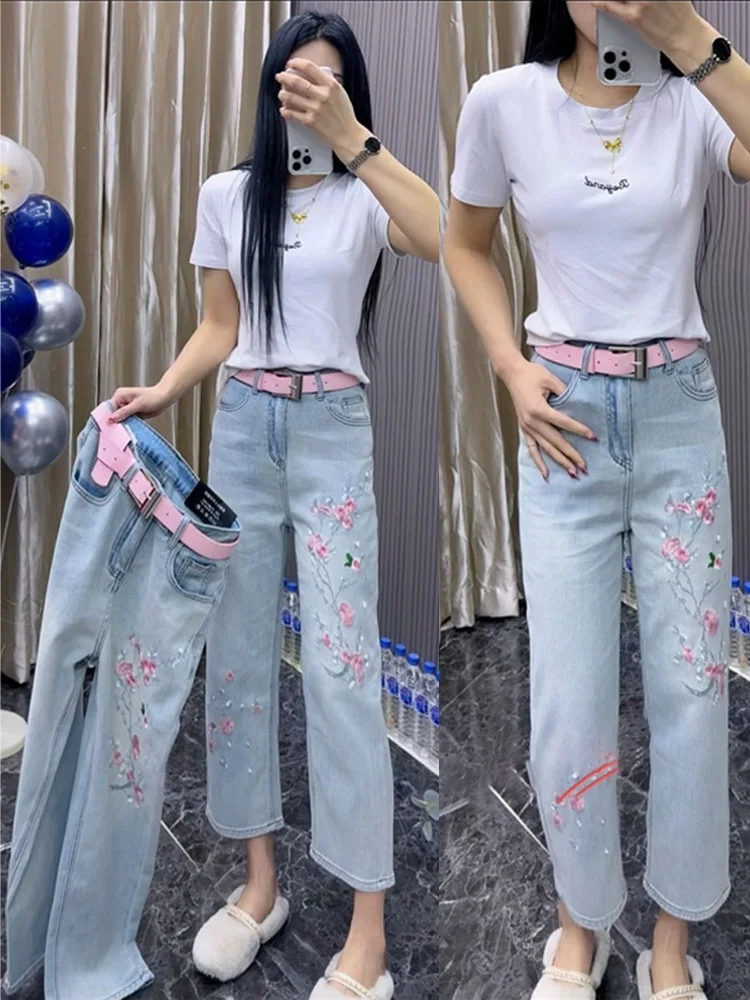 

Faionable Embroidered Floral High Waist Straight Leg Jeans Women's Nine Point Summer New Arrival Vintage Sle Denim Pants