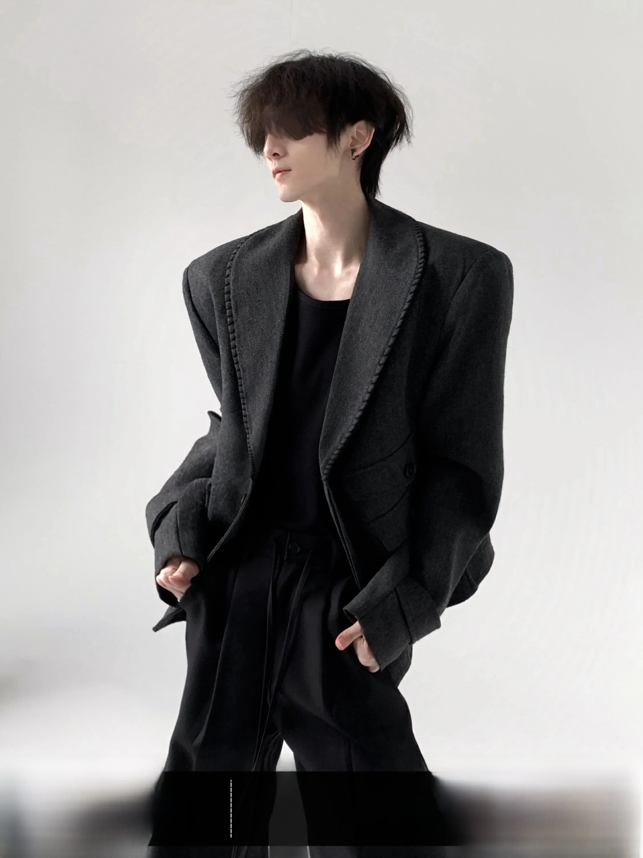 Gray Woolen Coat Men's High Intelligence Texture Design Autumn Mountain Wind Handmade Sewing Anti-Wind Short Coat Jacket