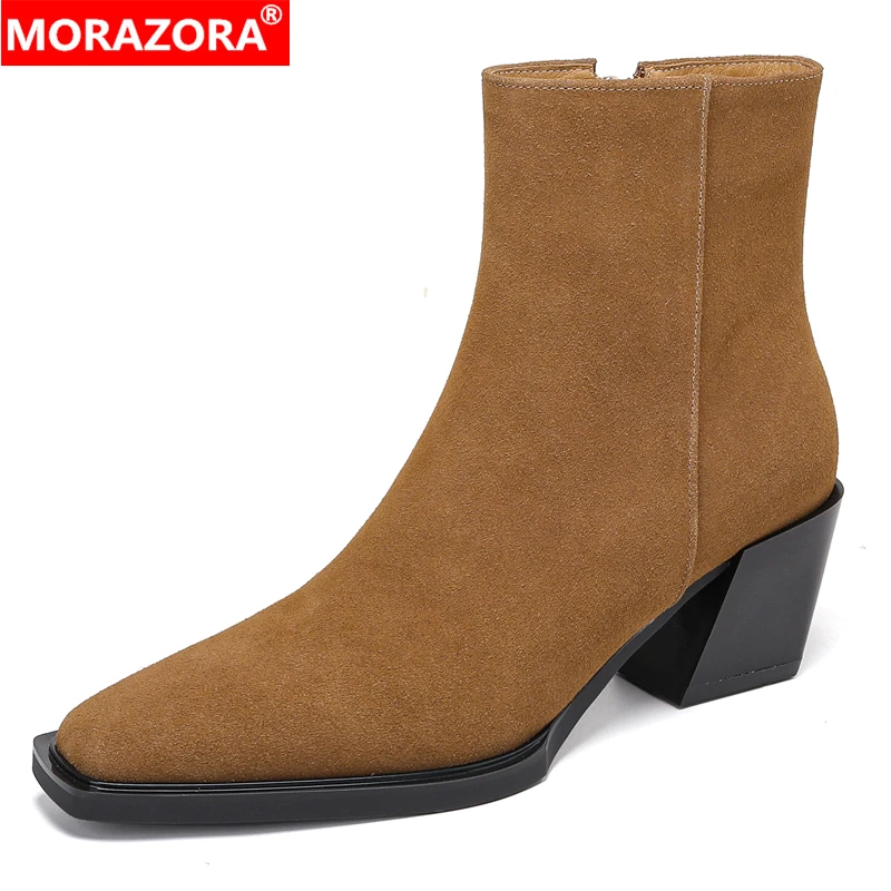 

MORAZORA/2026, новые ботильоны из коровьей замши, ботильоны на массивном высоком каблуке на молнии, осенне-зимние женские короткие современные ботильоны