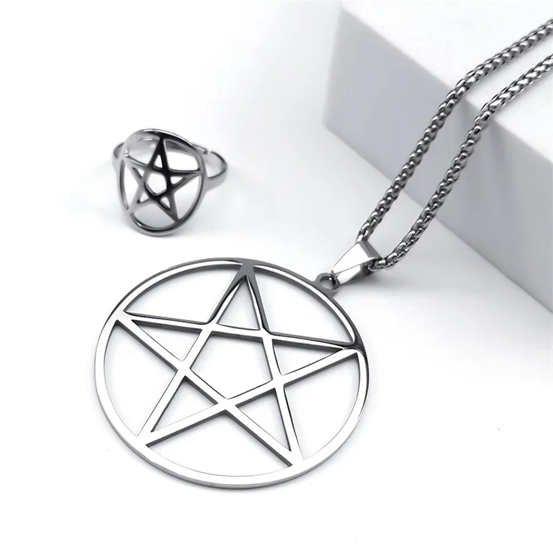 Stainless Steel Pentagram Pentacle Star Necklace for Women Men Punk Hoop Earrings Ring Bracelet Jewelry Set conjuntos de joyas