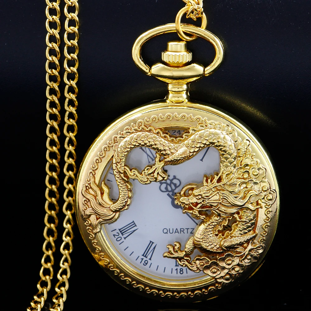 NEW Luxury Gold Chinese Flying Dragon Hollow Quartz Pocket Watch Men's Necklace Pendant Clock Women's Jewelry Accessories Gift