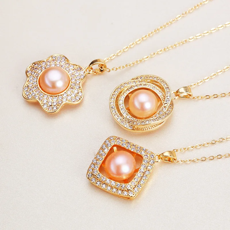 9-10mm Bread Round Freshwater Pearl Pendant Gold Color Chain 40cm 4cm extend Chain Pendant Necklaces Jewelry Gift