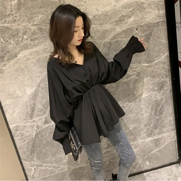 Blouse Women Spring Autumn Blouse Women Loose-Fitting V-neck Top Long-Sleeve Shirt Blusas Ropa De Mujer