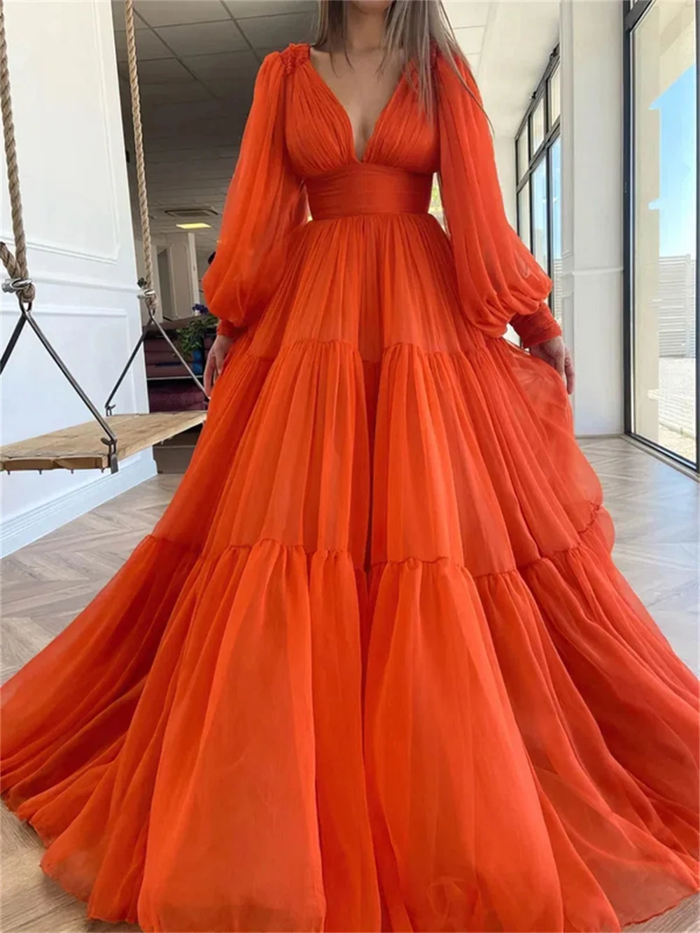 Cathy Orange Chiffon Wedding Dress V-neck A-line Empire Waist فساتين سهرة Elegant Puffy Sleeves Floor-length vestidos de fiesta