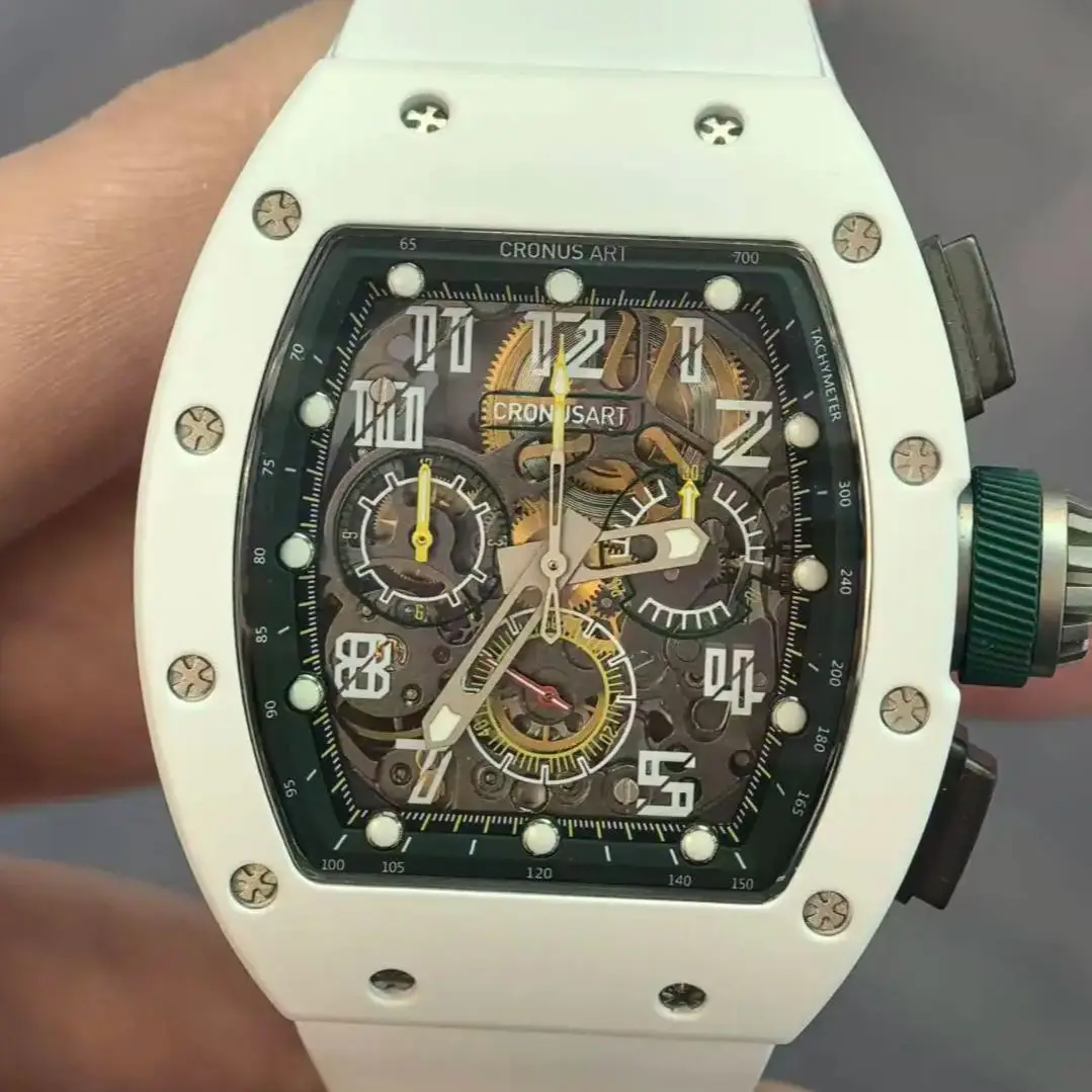 

Мужские часы-хронограф CRONUSART, 50 мм, автоматические механические наручные часы Tonneau, сапфировое зеркало, светящийся скелетонизированный циферблат, ремешок FKM