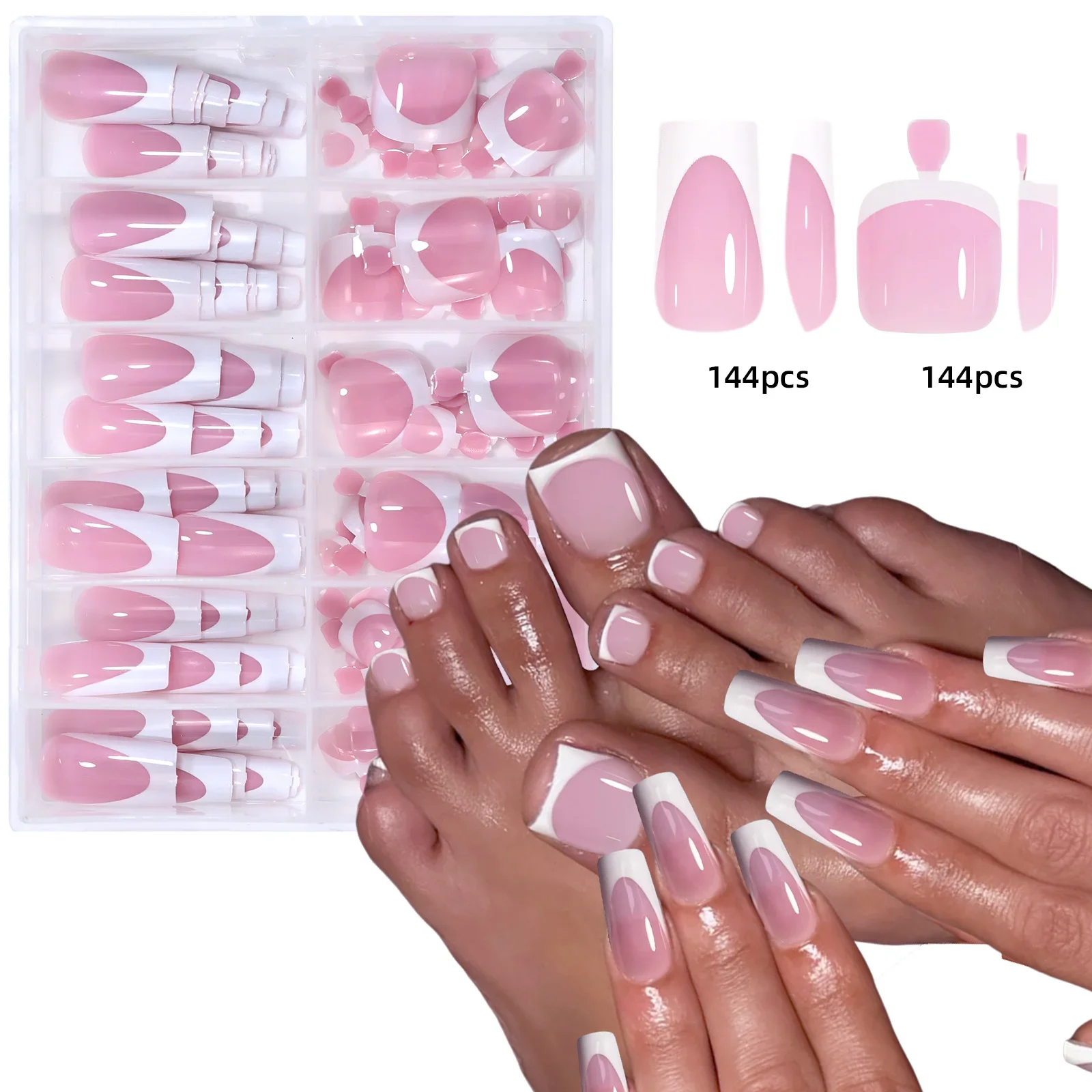 

144pcs French hand and foot wear nail set summer short square shiny false toenail acrylic full coverage suitable for nail salon