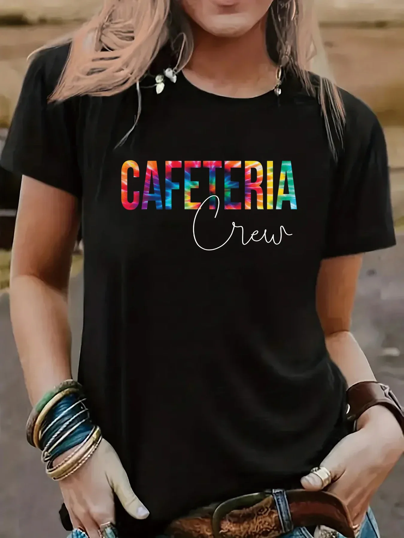 Cafeteria Colorful Letter Printed Women's T-shirt Sporty Fashion Short Sleeve Creative Design Short-sleev women clothing