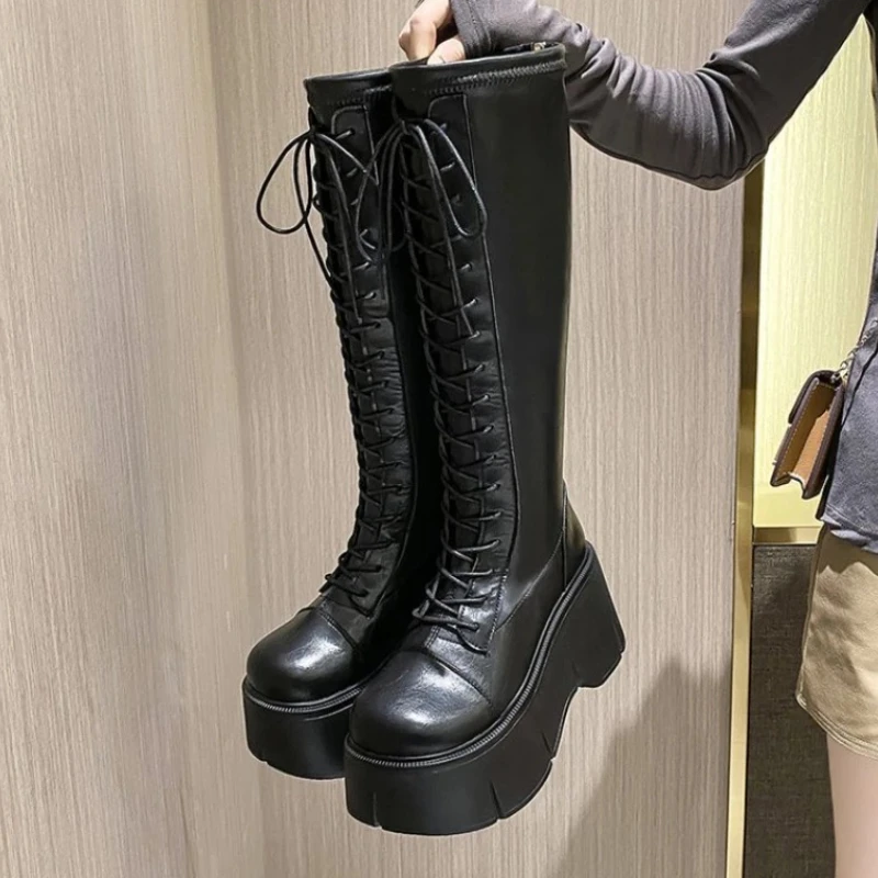 

Сексуальные сапоги до колена на платформе со шнуровкой, женские высокие сапоги высокого качества из мягкой кожи на толстой подошве, удобные теплые легкие длинные сапоги