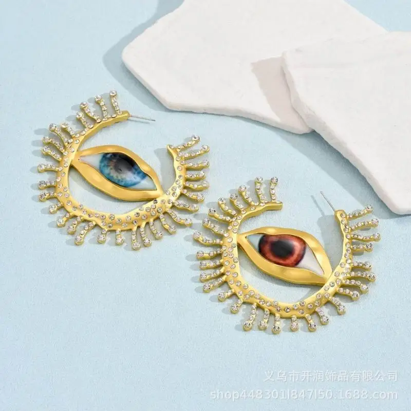 C71E Elegant Alien Pupil Ear Pendant Irregular Circular Eardrop Blue Eye Metal Ear Rings Retro Circular Earring Accessory