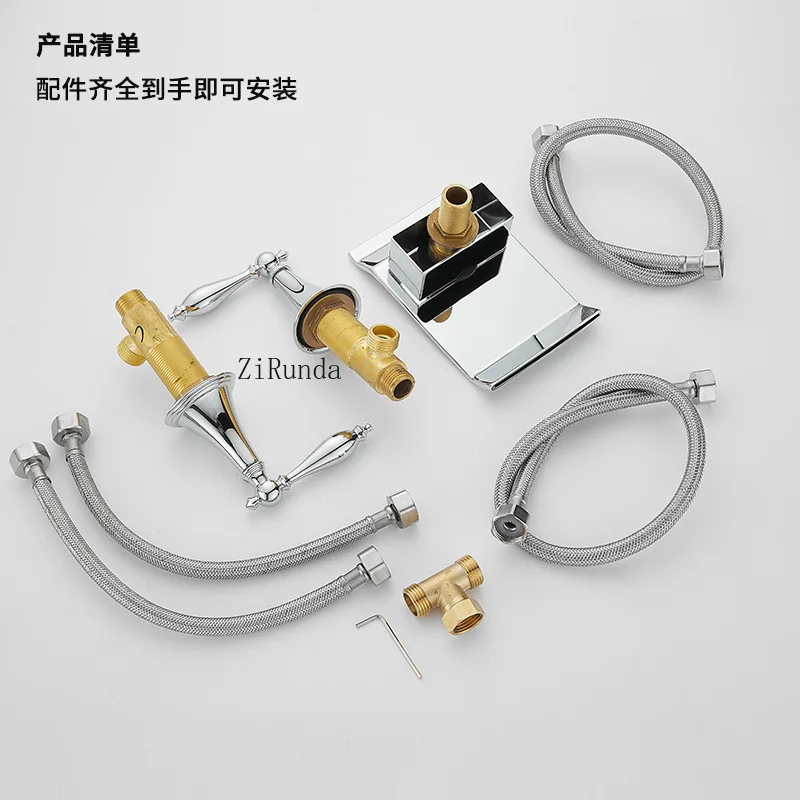 حوض غسيل أوروبي ثلاثي الفتحات من النحاس بالكامل، حوض غسيل للمياه الساخنة والباردة، خزانة حمام، صنبور شلال مقسم #5