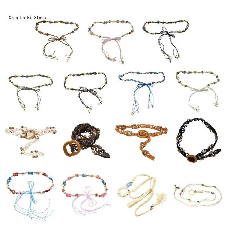 

Beads Decors Bohemian Waist Belt Women Elastic Belt Ethnic Braided Belt Thin Waistband Colorful Waist Rope