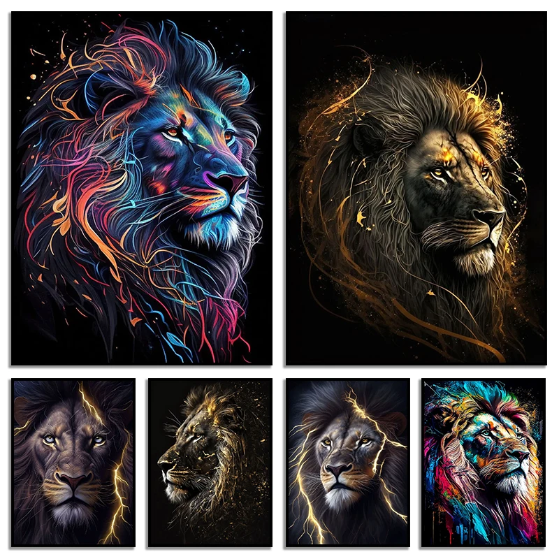 Black and Golden Light Lion Poster Modern Animal Canvas Painting And Print Picture Wall Art for Living Room Home Decor Framel