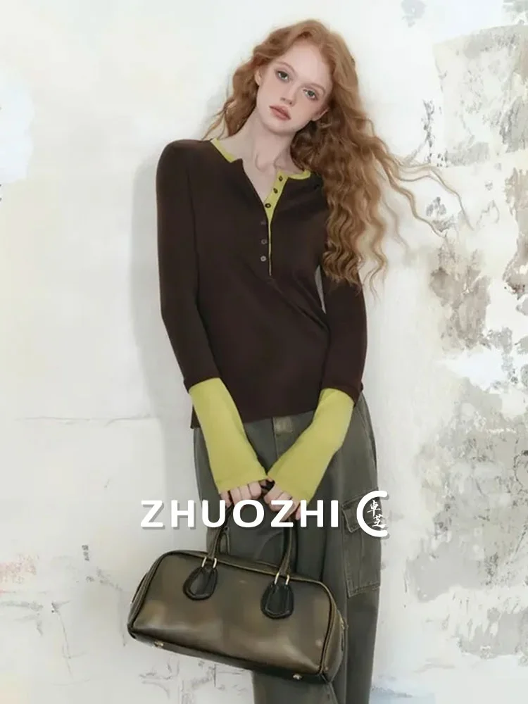 

Удобная женская футболка ZhuoZhi с длинным рукавом и воротником хенли, осенняя новинка в стиле ретро, французский креативный дизайн