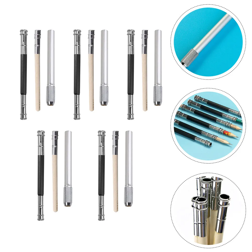 

15Pcs Pencil Extender Premium Stainless Steel Wooden Holder for Long-Lasting Use Portable School Office Art Drawing Stationery