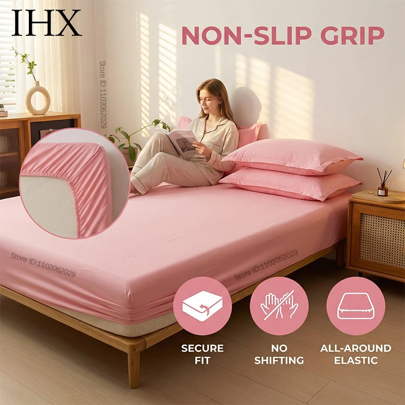 IHX Cotton Fitted Sheet with Elastic Bands Non Slip Adjustable Mattress Covers for Single Double King Queen Bed Custom Sizes