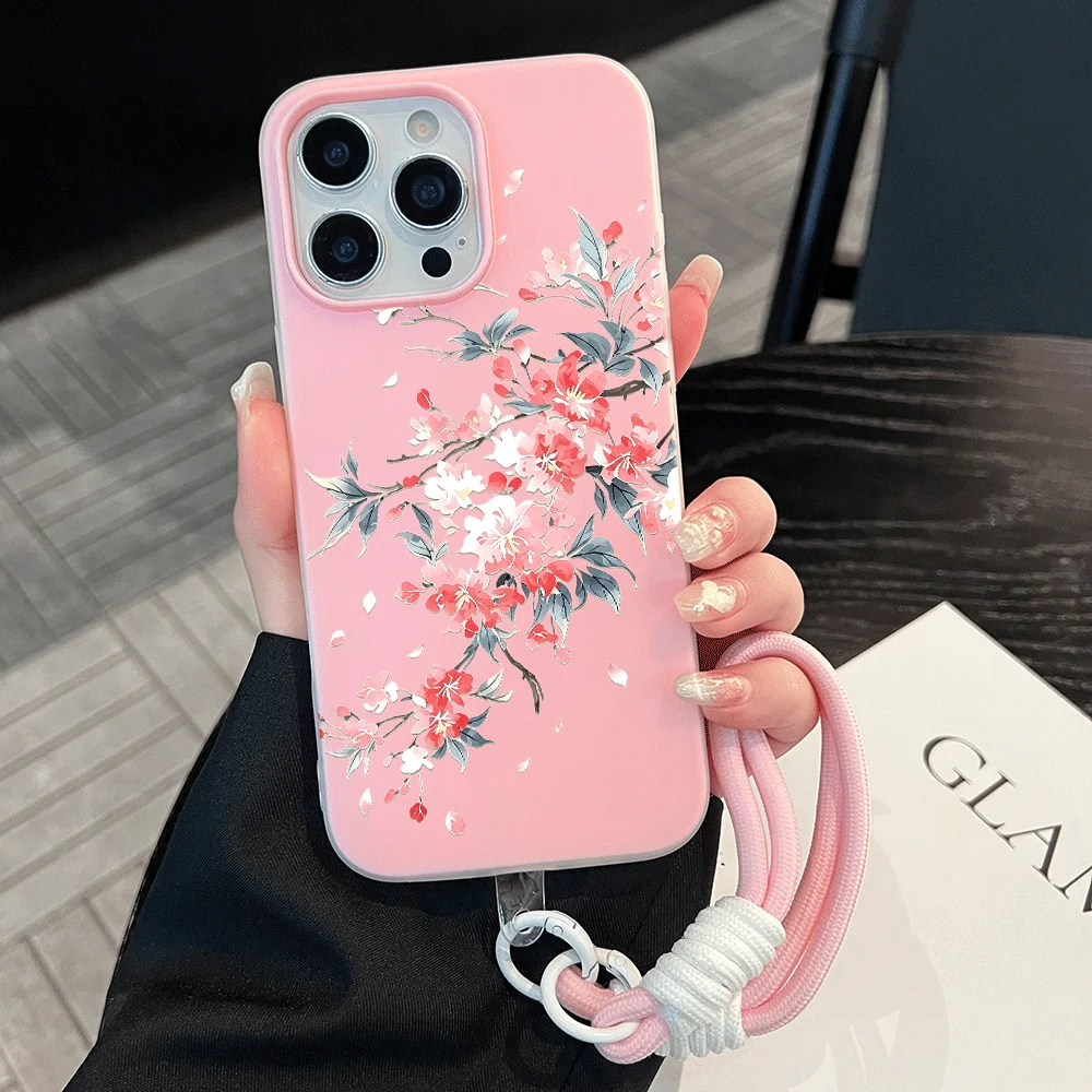 Candy Color Phone Case For Redmi Note 14 11 13 12 4G Pro Plus 5G 13C 14C 15C Anti-drop Soft Pink Plum Blossom With Lanyard Cover