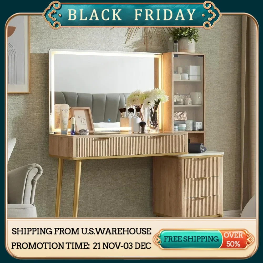 Fluted Makeup Vanity Desk with 36 Inch HD Lighted Mirror, 48 Inch Big Modern Vanity Desk with Mirror and Lights, Bedroom Dresser