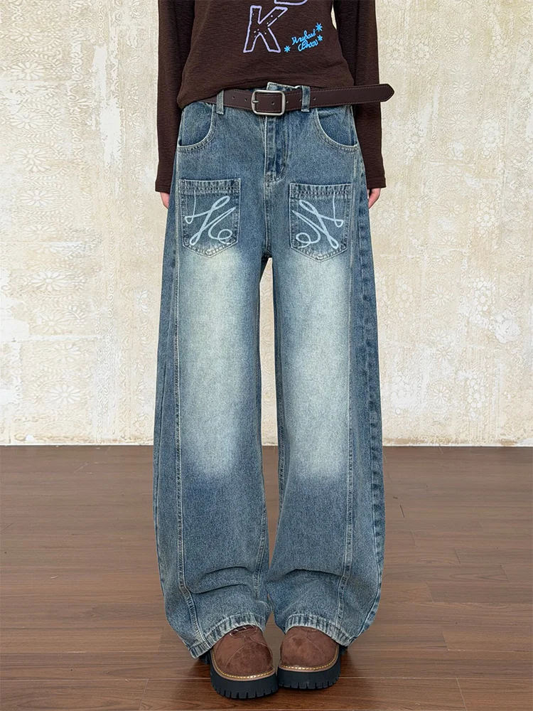 High Waist Wide Leg Denim Jeans Women's Loose Fit Slimming Washed Multi-Pocket Design Casual High Street Style plus Size