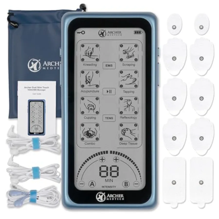 

Dual Stim Touch TENS/EMS Unit Rechargeable Touchscreen Muscle Stimulator with Dual Output Ports and 32 Massage and Stimulation