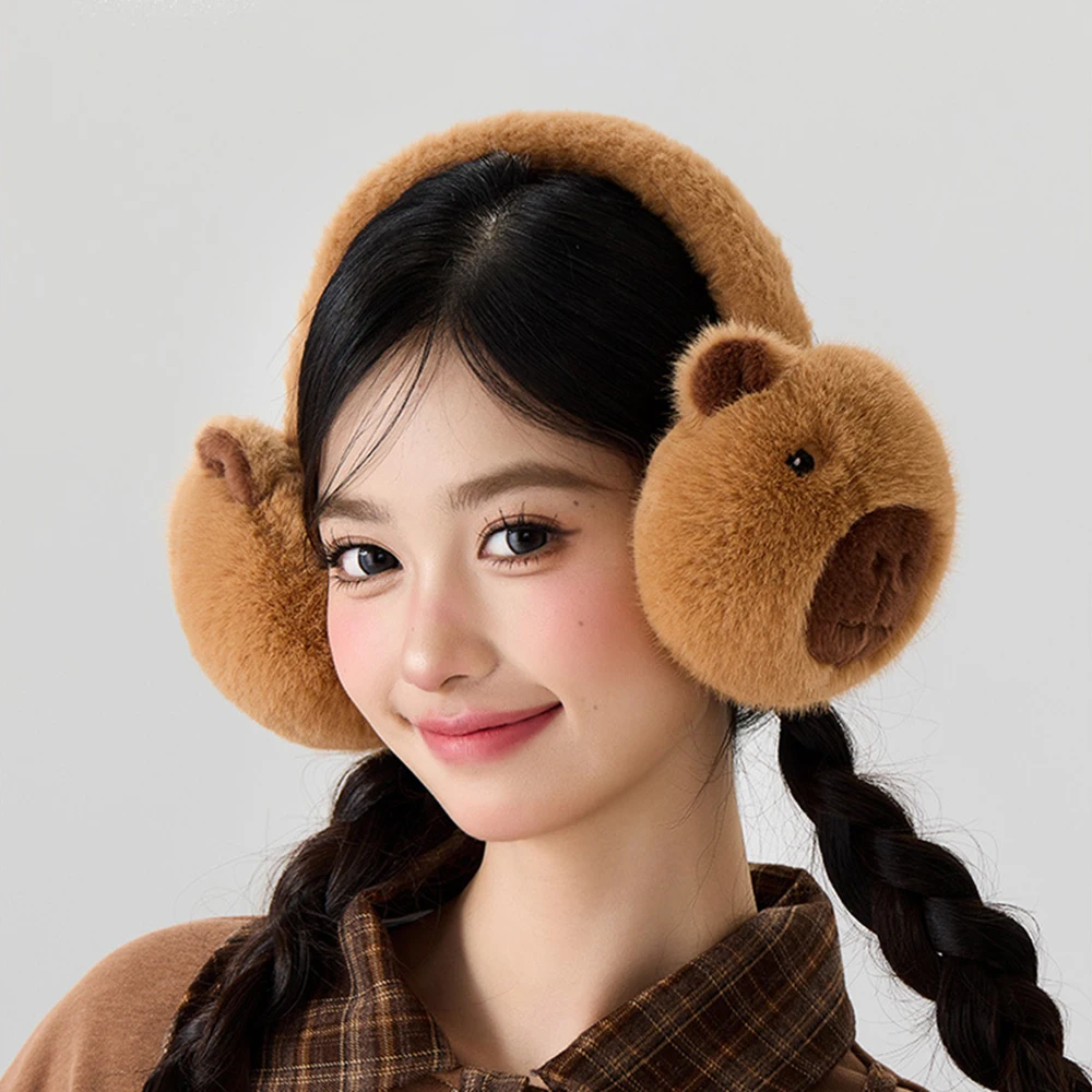 Cute Capybara Plush Fluffy Earmuffs for Women Ear Warmer Windproof Protection Winter Animals Ear Cover Adults Folding Earflap