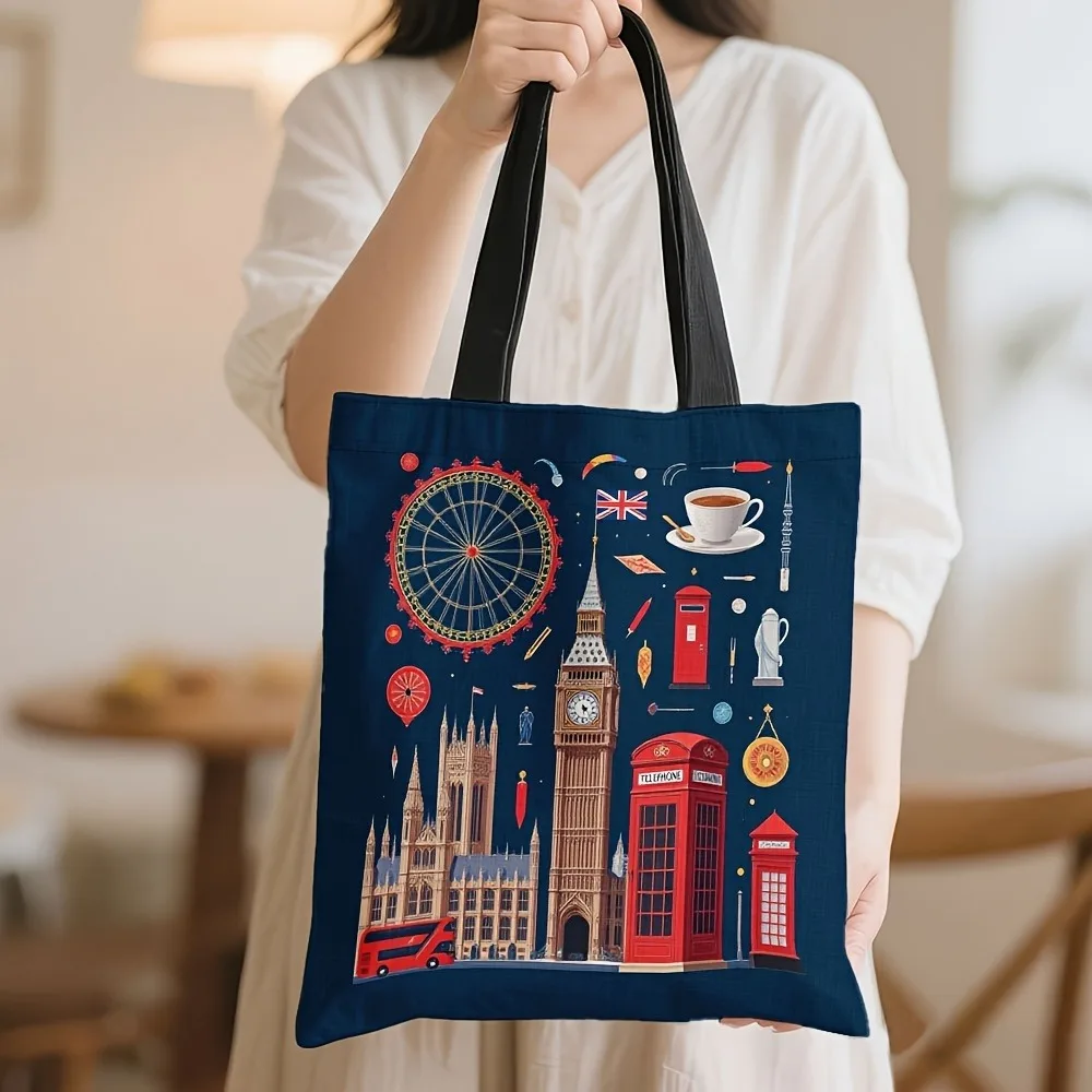 Reusable Grocery Tote Bag Women London Themed Design Big Ben Red Phone Booths Union Jack Canvas 40x38cm Shopping Bag