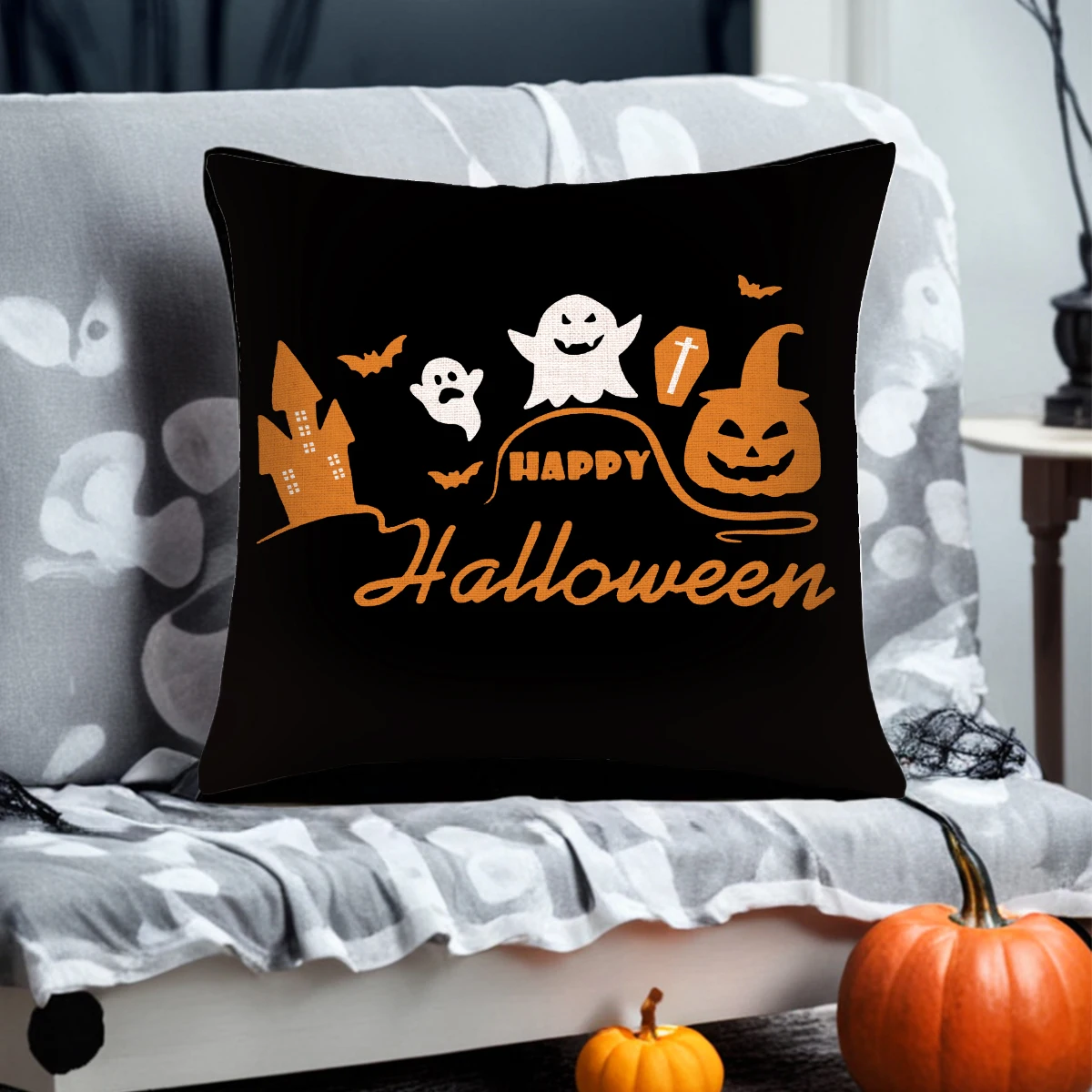 1 Stück Halloween Hexe Geist Fledermaus Spinnennetz dekorativer Kissenbezug, Happy Halloween Leinen Sofa Bett Kissenbezug Dekoration